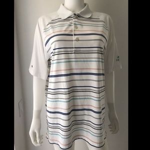 Greg Norman Play Dry Men's Golf Shirt White Striped Blue Red Short Sleeve Logo M